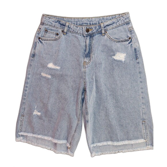 Women's Future Collective Lightly Distressed Bermuda Denim Shorts Medium Wash 6 - Picture 3 of 6